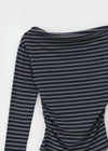Robtot Stripe Shirring Boat Neck Long Sleeve T-shirt