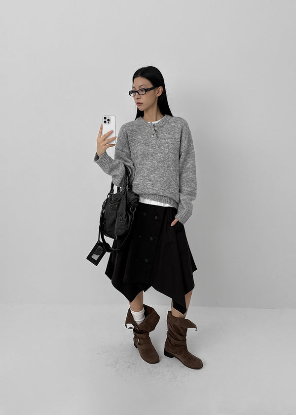 Cowl-lun Button Wool Loose-fit Knit