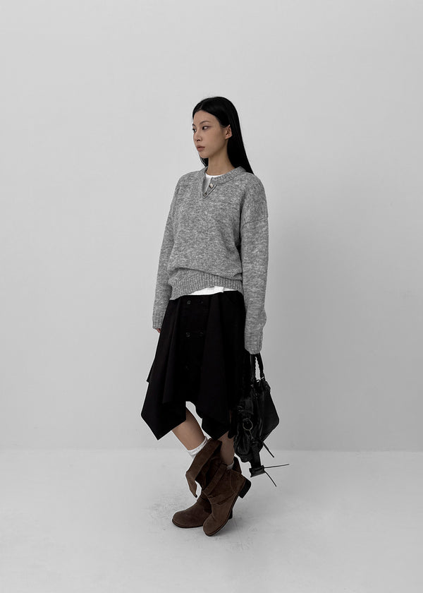 Cowl-lun Button Wool Loose-fit Knit