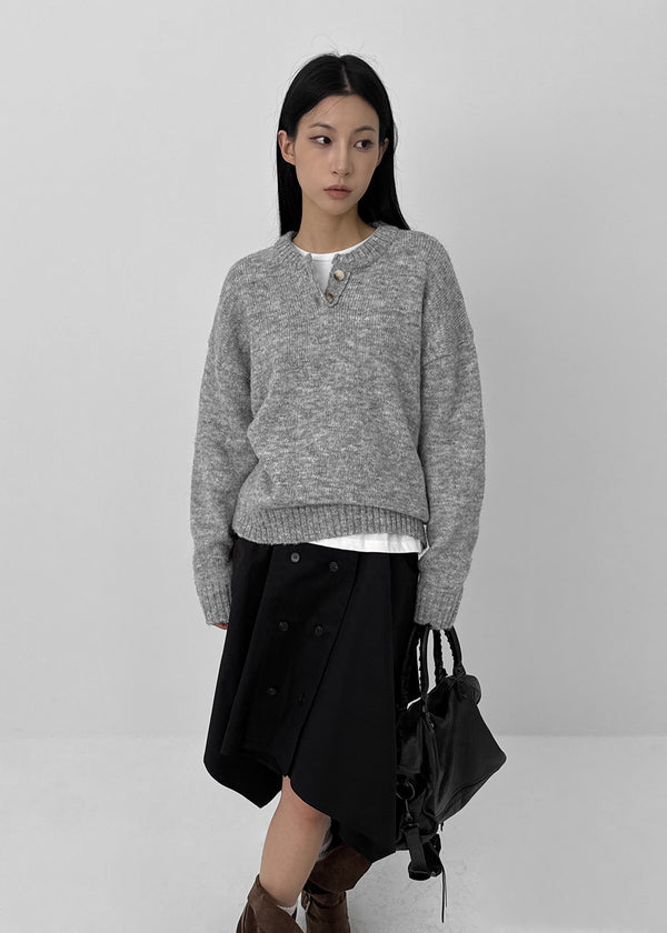 Cowl-lun Button Wool Loose-fit Knit