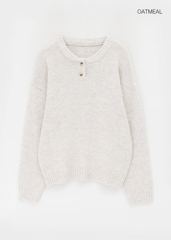 Cowl-lun Button Wool Loose-fit Knit