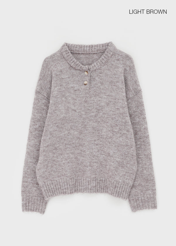 Cowl-lun Button Wool Loose-fit Knit
