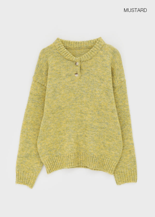 Cowl-lun Button Wool Loose-fit Knit