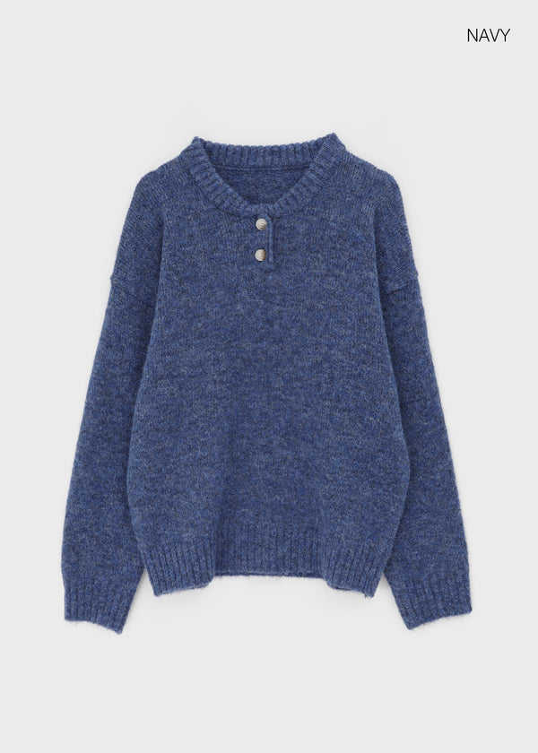 Cowl-lun Button Wool Loose-fit Knit