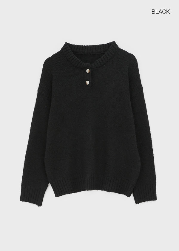 Cowl-lun Button Wool Loose-fit Knit