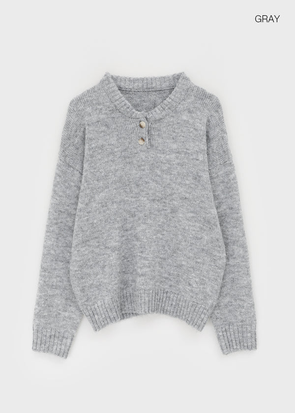 Cowl-lun Button Wool Loose-fit Knit