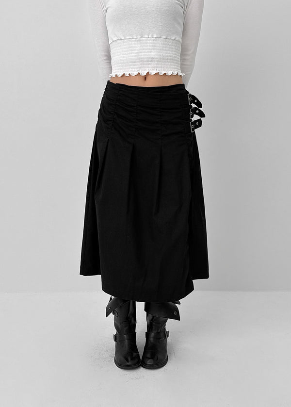 Monqua Buckle Wrap Pleated Midi Skirt