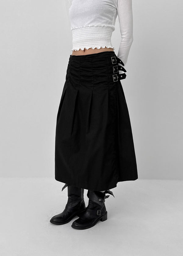 Monqua Buckle Wrap Pleated Midi Skirt