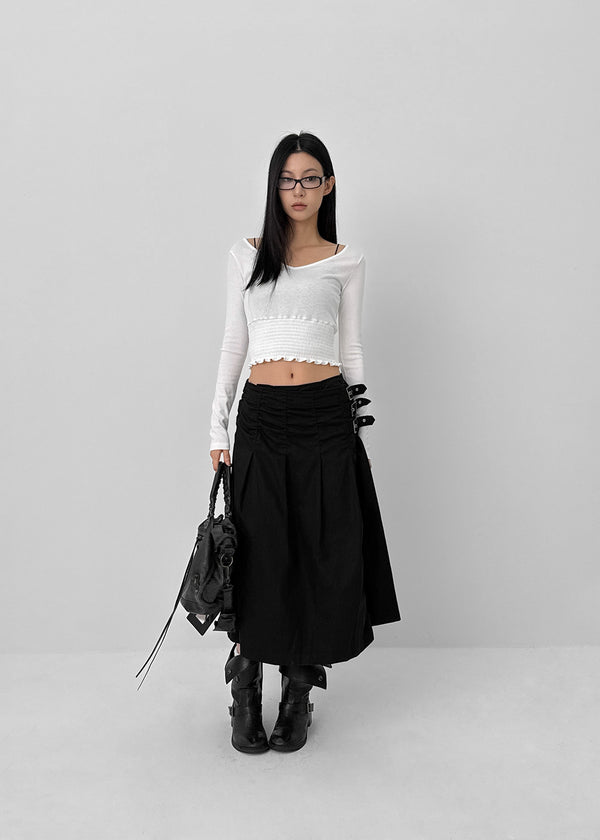 Monqua Buckle Wrap Pleated Midi Skirt