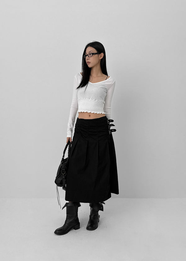 Monqua Buckle Wrap Pleated Midi Skirt