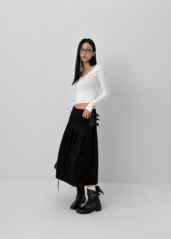 Monqua Buckle Wrap Pleated Midi Skirt