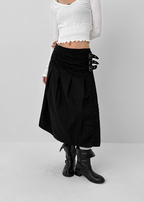 Monqua Buckle Wrap Pleated Midi Skirt