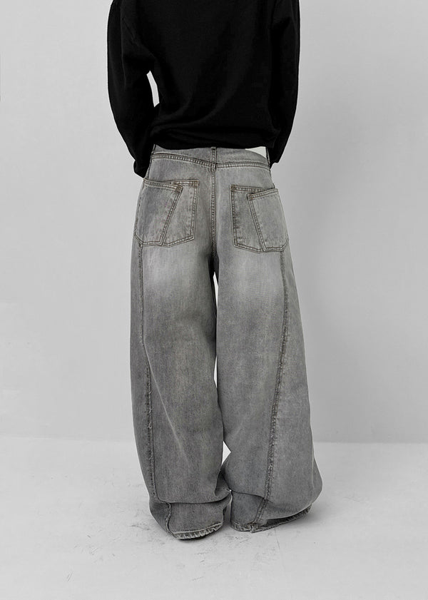 Wide Denim Pants With A Slit Pocket And A Cotton Wash