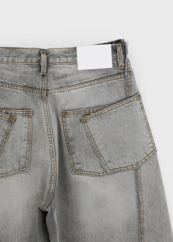 Wide Denim Pants With A Slit Pocket And A Cotton Wash