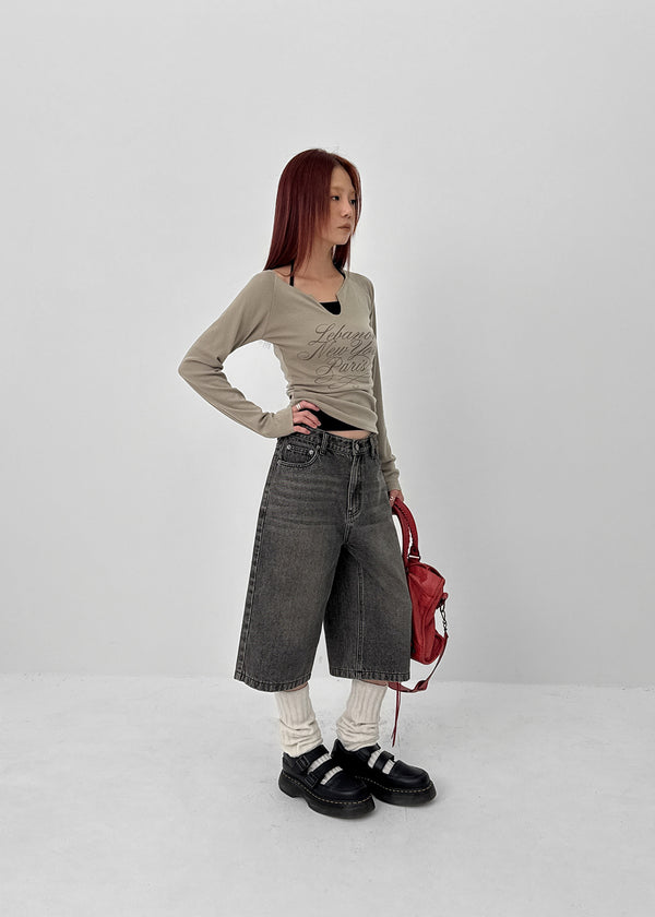 Runong Slit Slim Lettering Long Sleeve T-shirt