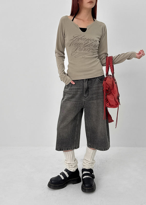 Runong Slit Slim Lettering Long Sleeve T-shirt