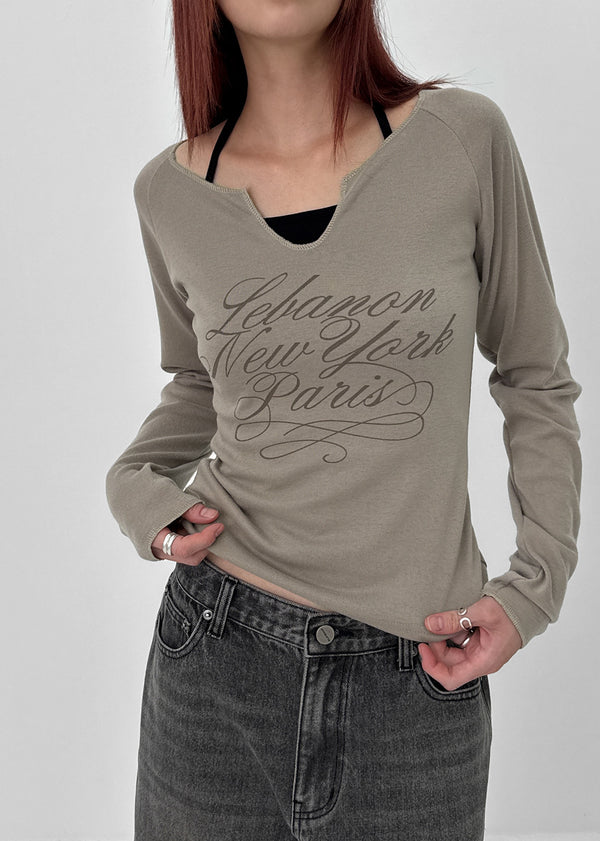 Runong Slit Slim Lettering Long Sleeve T-shirt