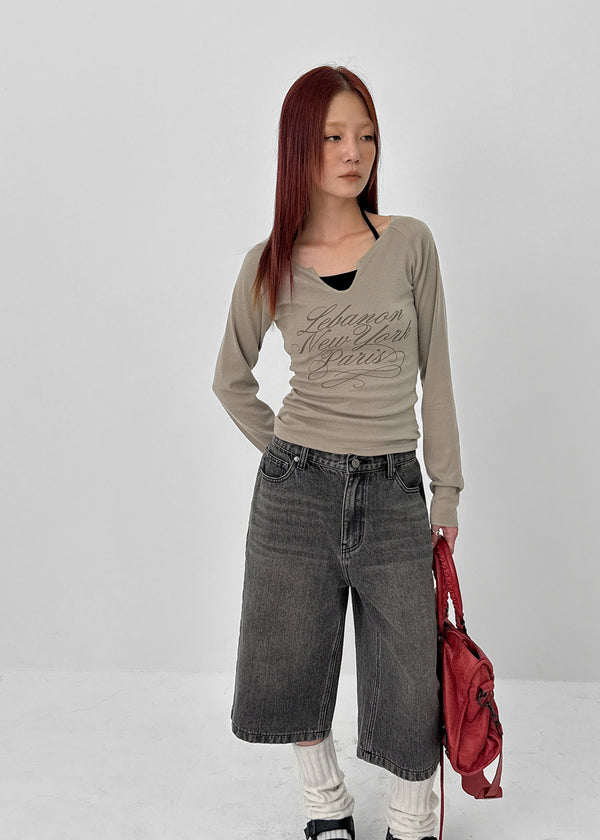 Runong Slit Slim Lettering Long Sleeve T-shirt