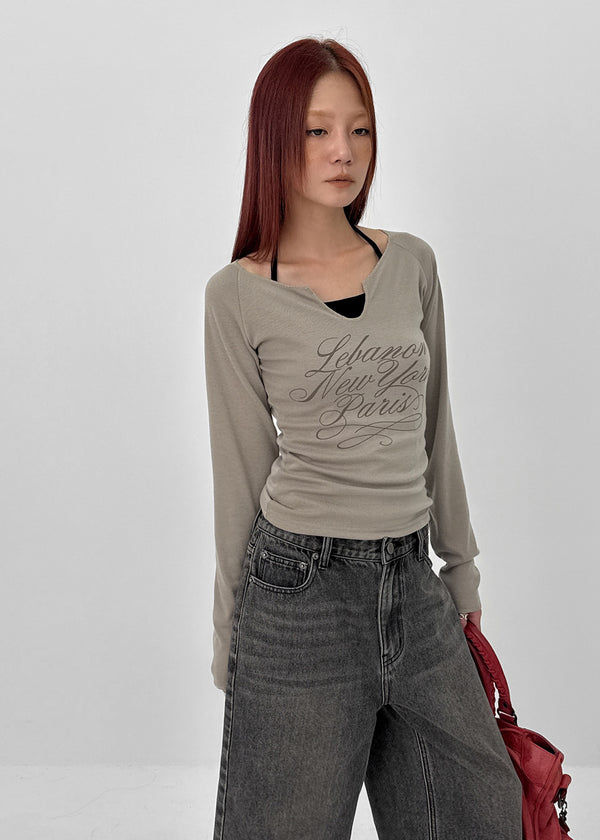 Runong Slit Slim Lettering Long Sleeve T-shirt