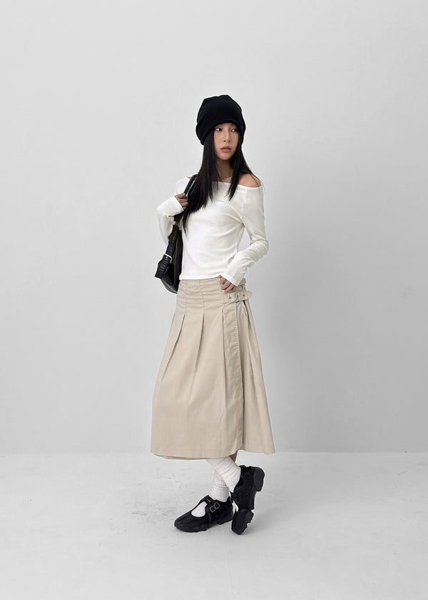 Monqua Buckle Wrap Pleated Midi Skirt