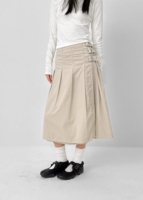 Monqua Buckle Wrap Pleated Midi Skirt