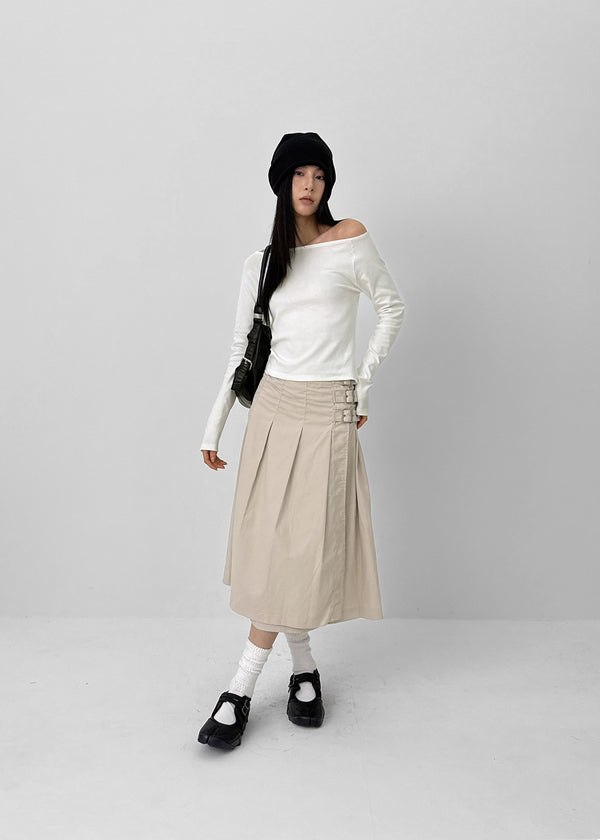 Monqua Buckle Wrap Pleated Midi Skirt