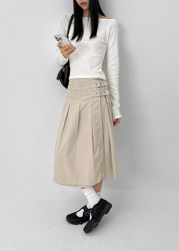 Monqua Buckle Wrap Pleated Midi Skirt