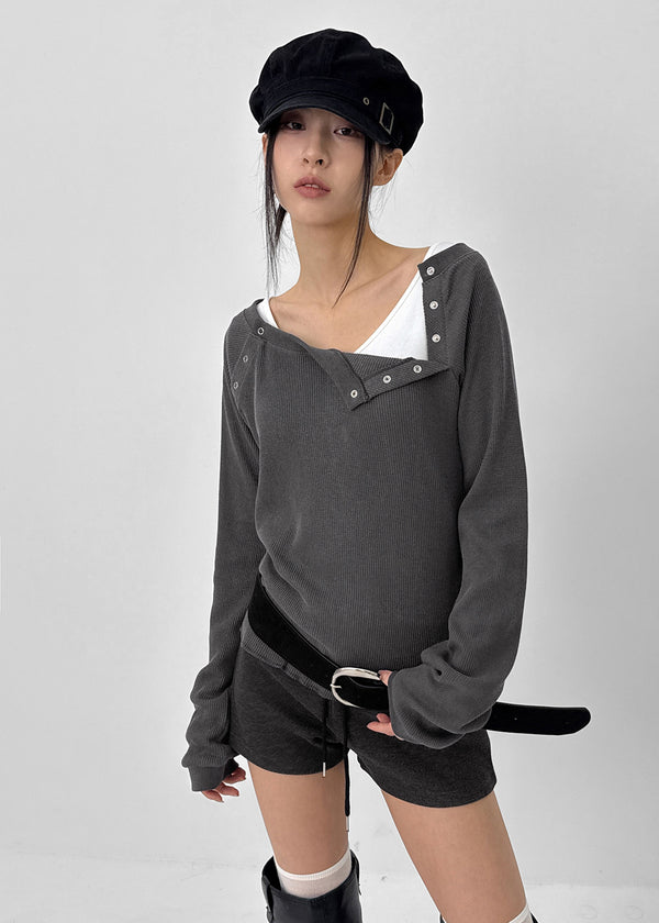 Firrell Snap Button Waffle Long Sleeve T-shirt