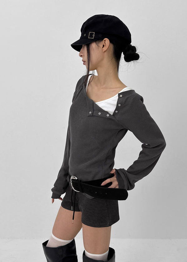 Firrell Snap Button Waffle Long Sleeve T-shirt