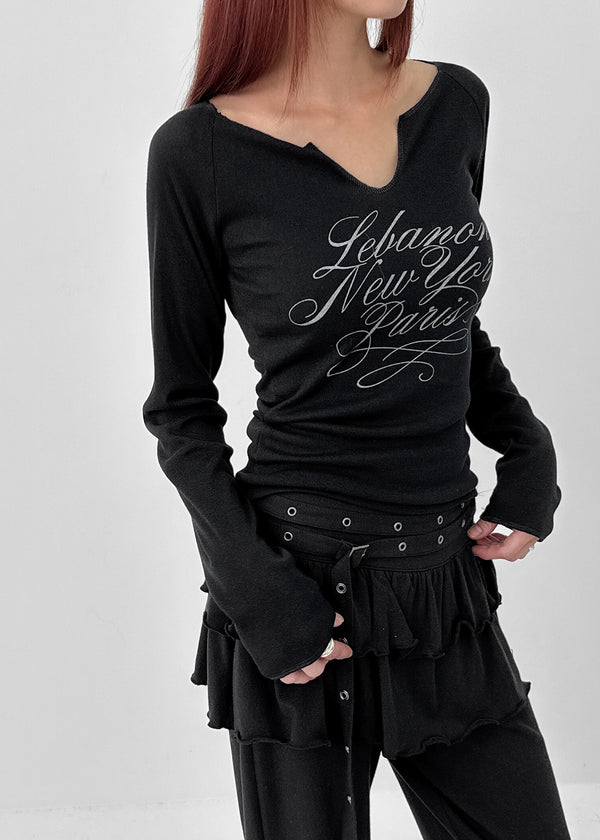 Runong Slit Slim Lettering Long Sleeve T-shirt