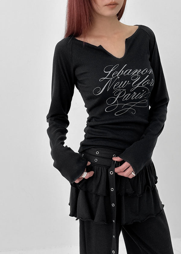 Runong Slit Slim Lettering Long Sleeve T-shirt