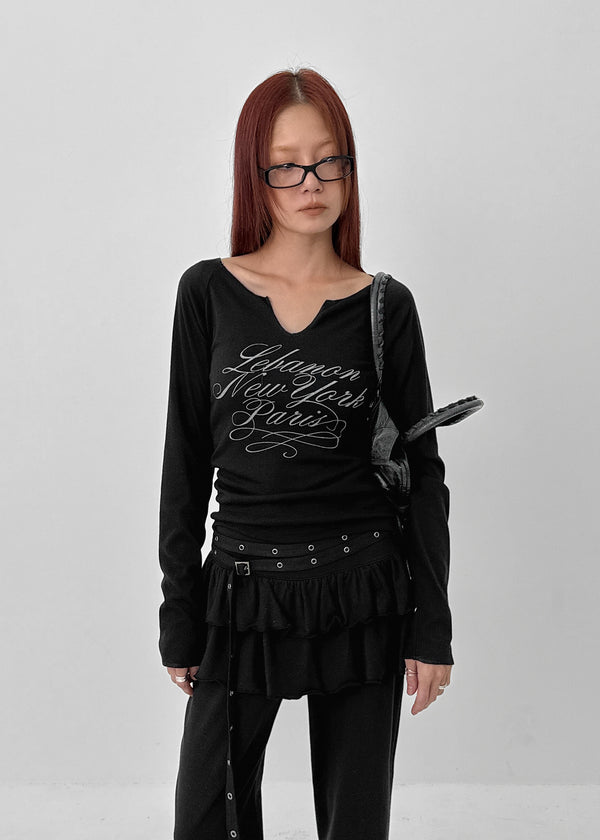 Runong Slit Slim Lettering Long Sleeve T-shirt