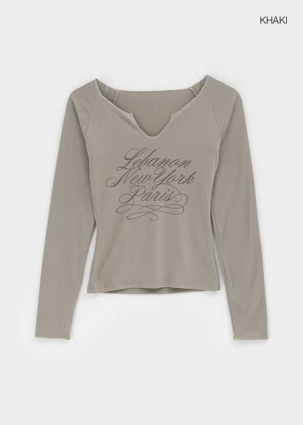 Runong Slit Slim Lettering Long Sleeve T-shirt