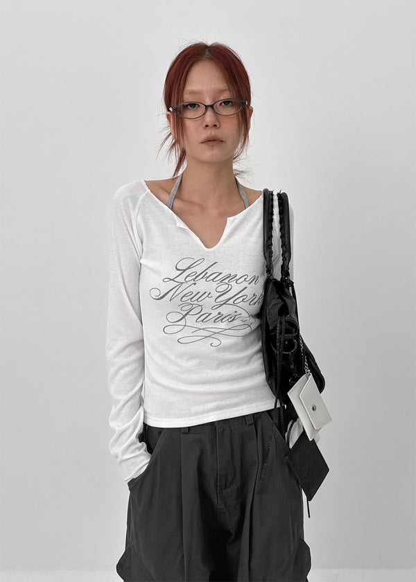 Runong Slit Slim Lettering Long Sleeve T-shirt