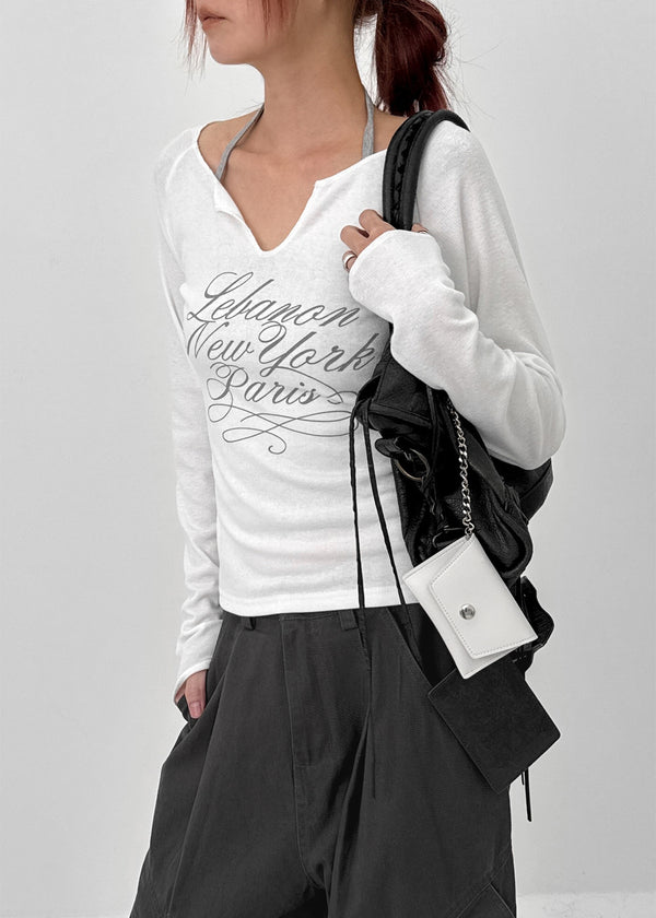 Runong Slit Slim Lettering Long Sleeve T-shirt