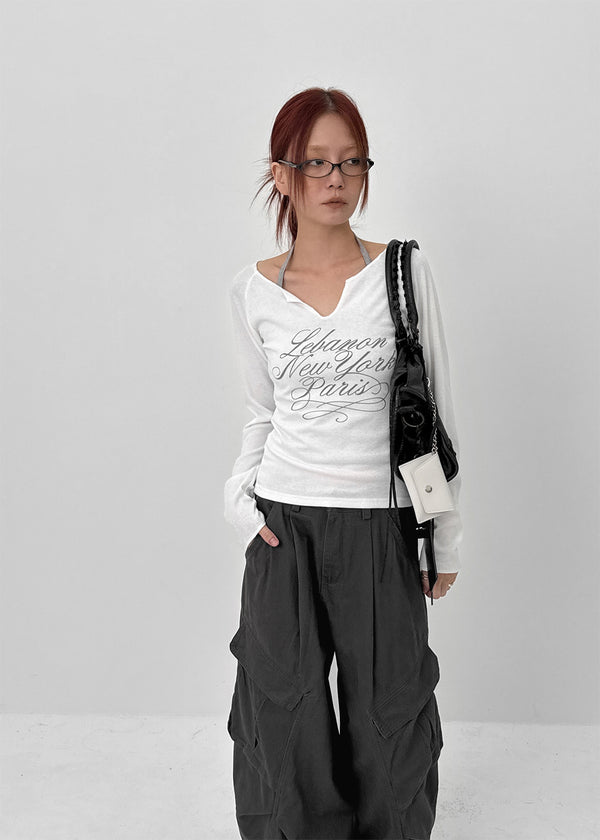 Runong Slit Slim Lettering Long Sleeve T-shirt