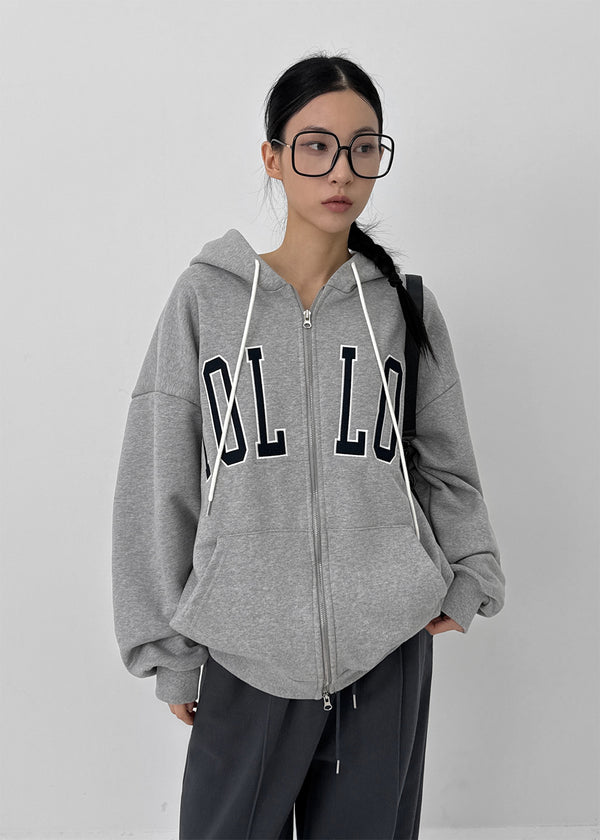 (UNISEX) Naro Embroidery Overfit Two-way Hooded Zip-up