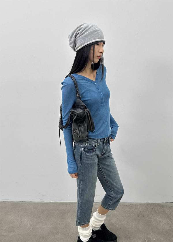 Kunbet Wool Button V-neck Long Sleeve T-shirt