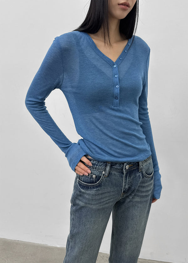Kunbet Wool Button V-neck Long Sleeve T-shirt