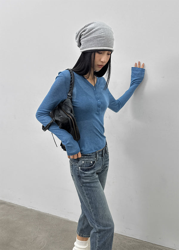 Kunbet Wool Button V-neck Long Sleeve T-shirt