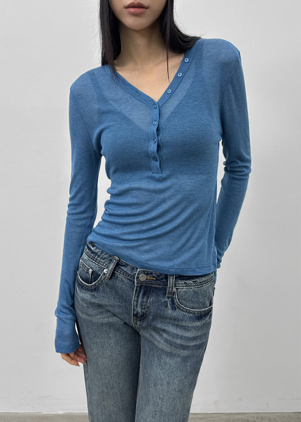 Kunbet Wool Button V-neck Long Sleeve T-shirt