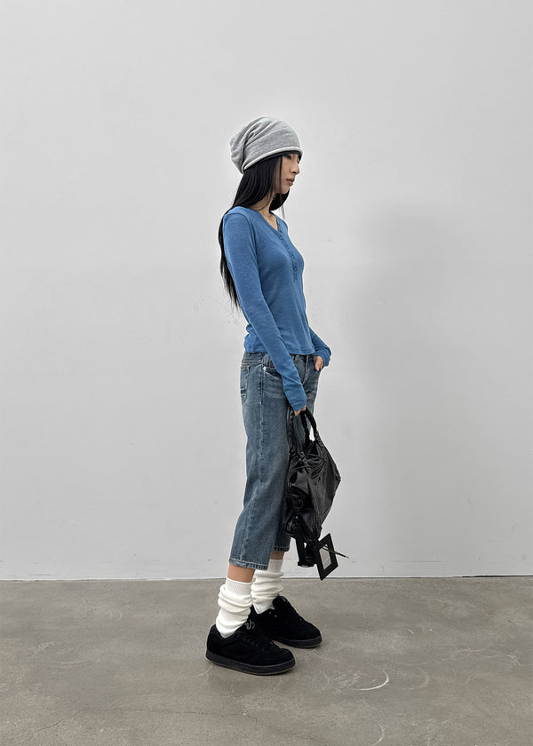 Kunbet Wool Button V-neck Long Sleeve T-shirt