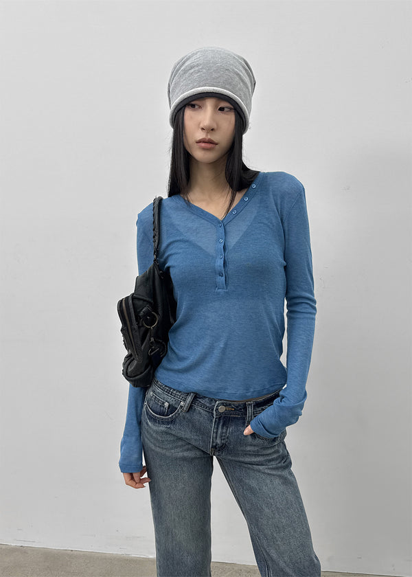 Kunbet Wool Button V-neck Long Sleeve T-shirt