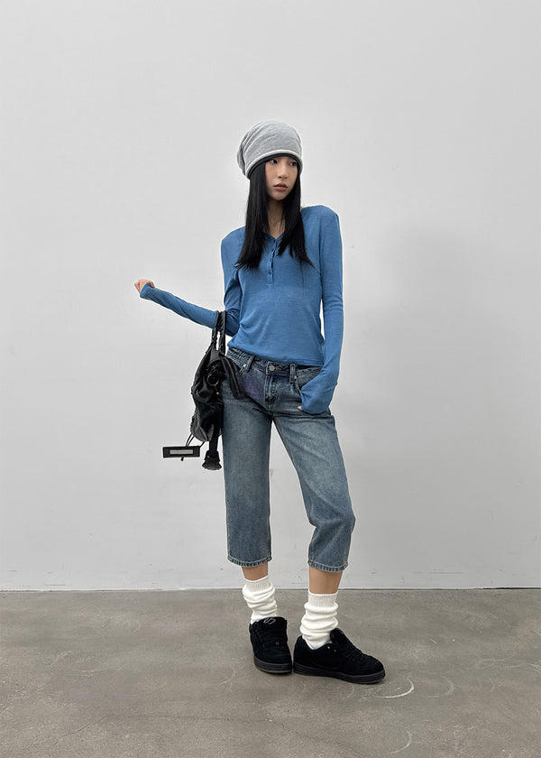 Kunbet Wool Button V-neck Long Sleeve T-shirt