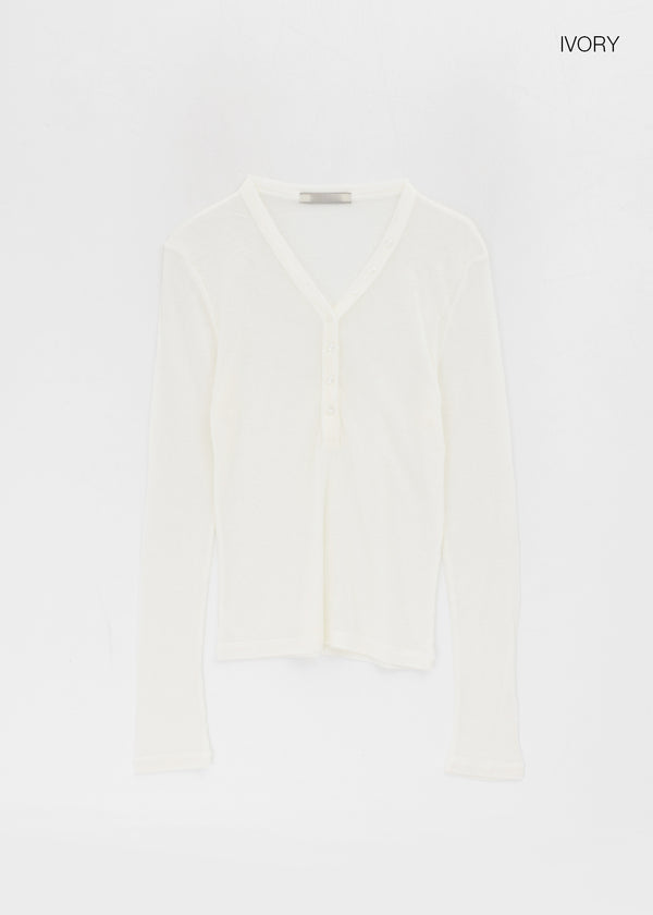 Kunbet Wool Button V-neck Long Sleeve T-shirt