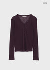 Kunbet Wool Button V-neck Long Sleeve T-shirt