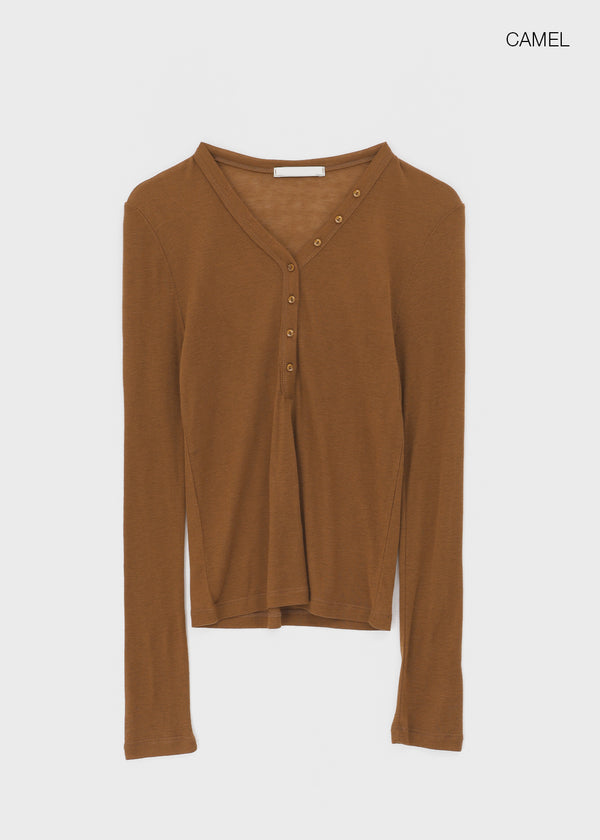 Kunbet Wool Button V-neck Long Sleeve T-shirt