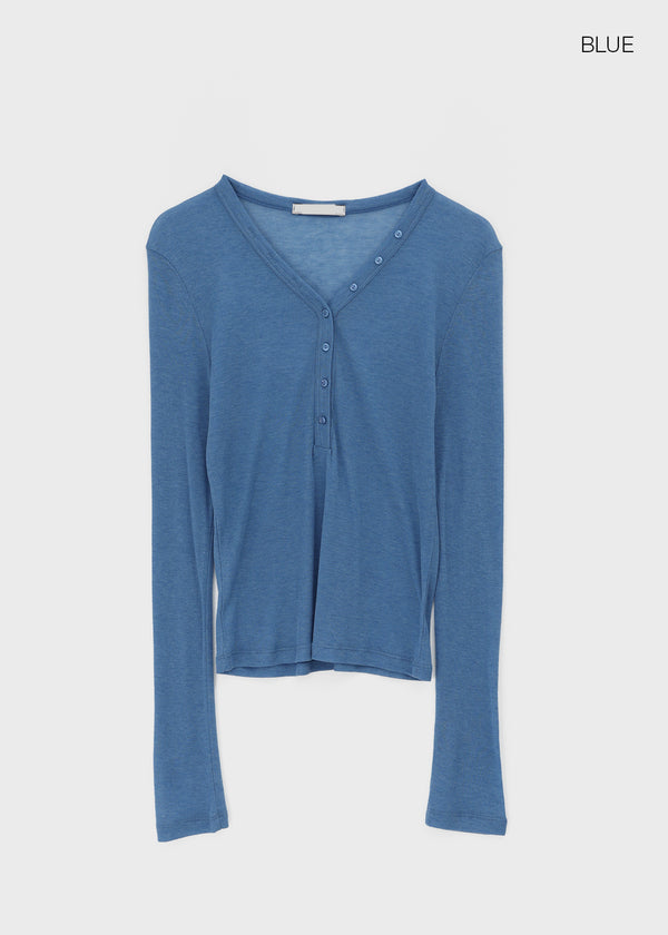 Kunbet Wool Button V-neck Long Sleeve T-shirt