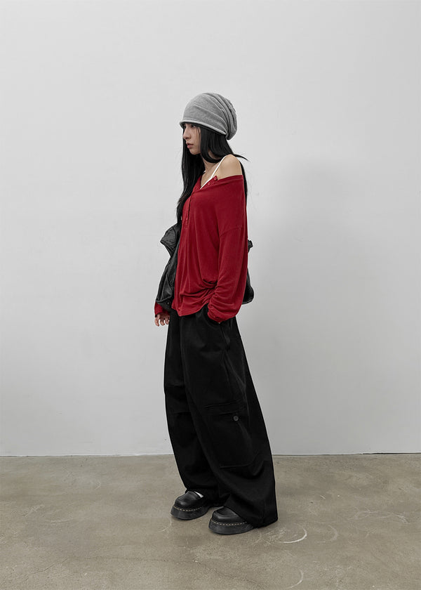 Flaming Loose Fit Henley Neck Wool Long Sleeve T-shirt