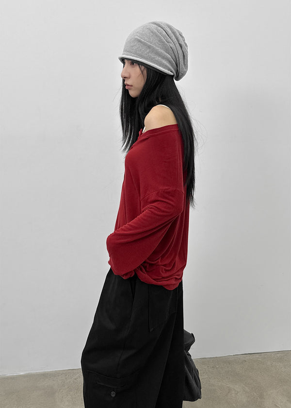 Flaming Loose Fit Henley Neck Wool Long Sleeve T-shirt